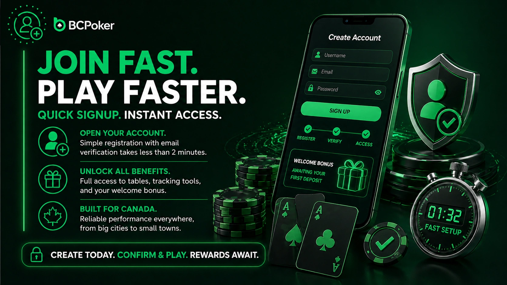 BCPoker quick signup Canada online poker registration fast account creation poker app Canada instant access
